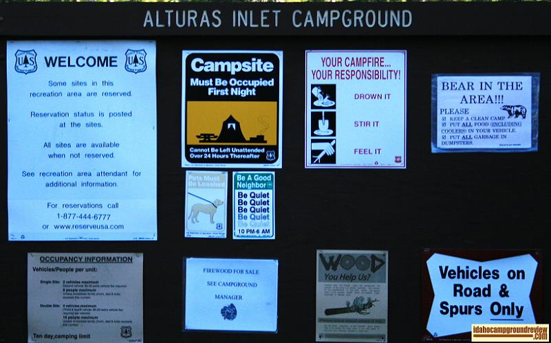 A picture of the signs at Alturas Lake Inlet Campground in the Sawtooth Mountains of Idaho.