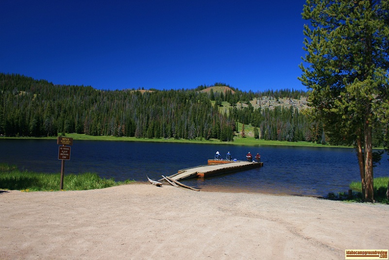 This is the boat access and one of the fishing docks a Bayhorse Lake near Challis, Idaho.