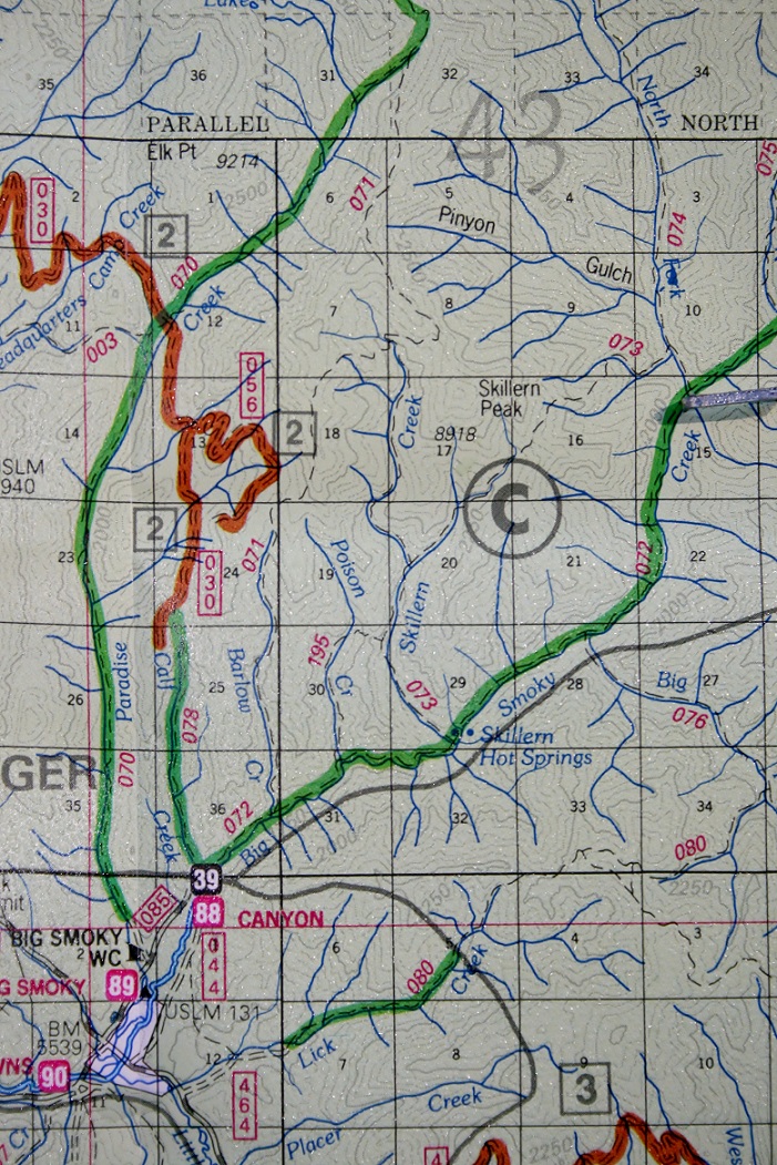 This a map of the area around Canyon Creek Transfer Camp on Big Smokey Creek.