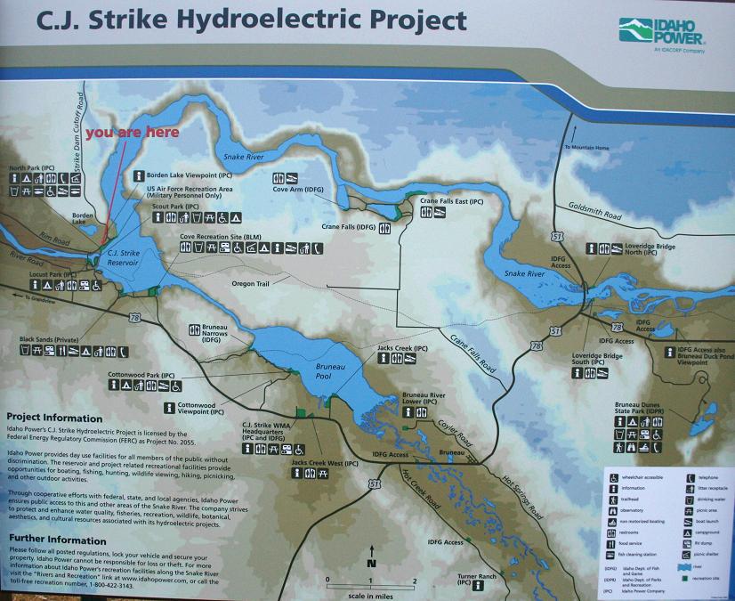 This map is posted in several locations around CJ Strike Reservoir. It shows the locations of most of the recreational opportunities around the reservoir.
