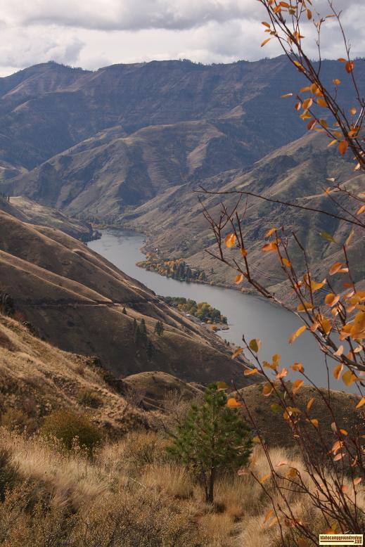 View of Hells Canyon Park in early fall from far above.
