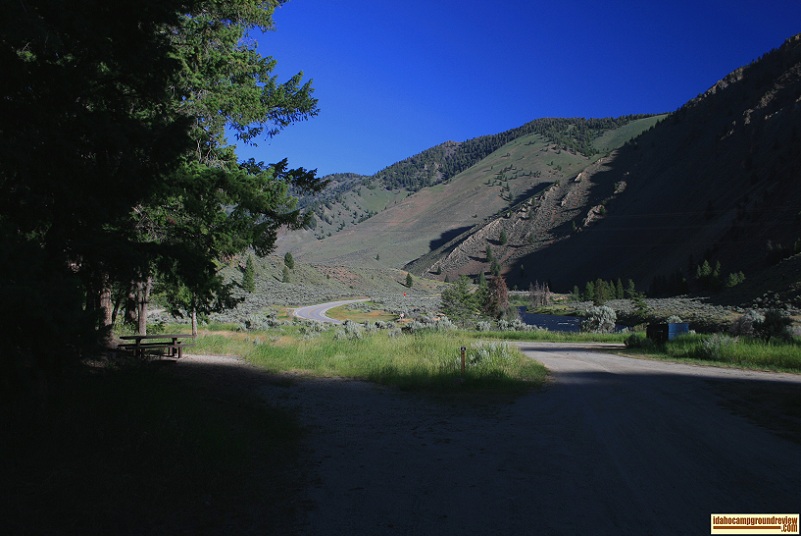 This is RV camping site #6 of Holman Creek Campground with a view of the Salmon River Valley.