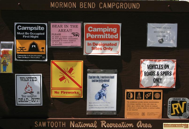 The Info sign at the entrance to Mormon Bend Campground NE of Stanley, Idaho.