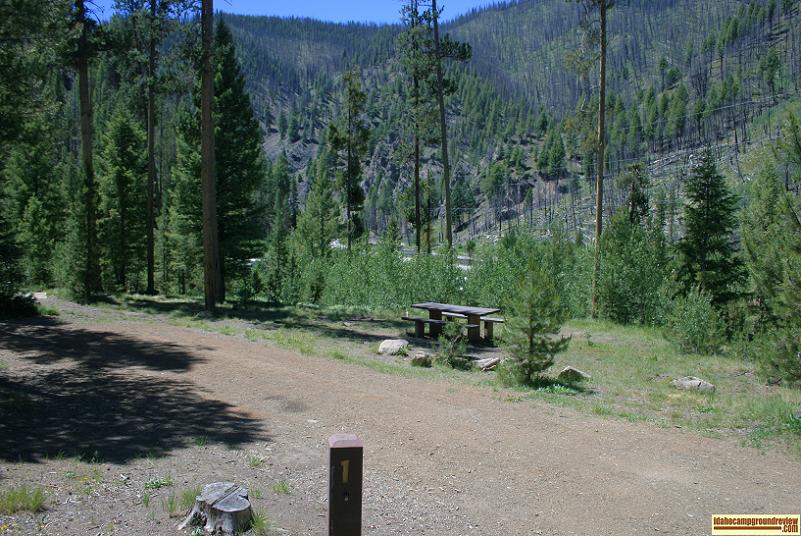 RV camp site #1 in Pole Flat Campground on the Yankee Fork of the Salmon River the elevation is about 6100 feet.
