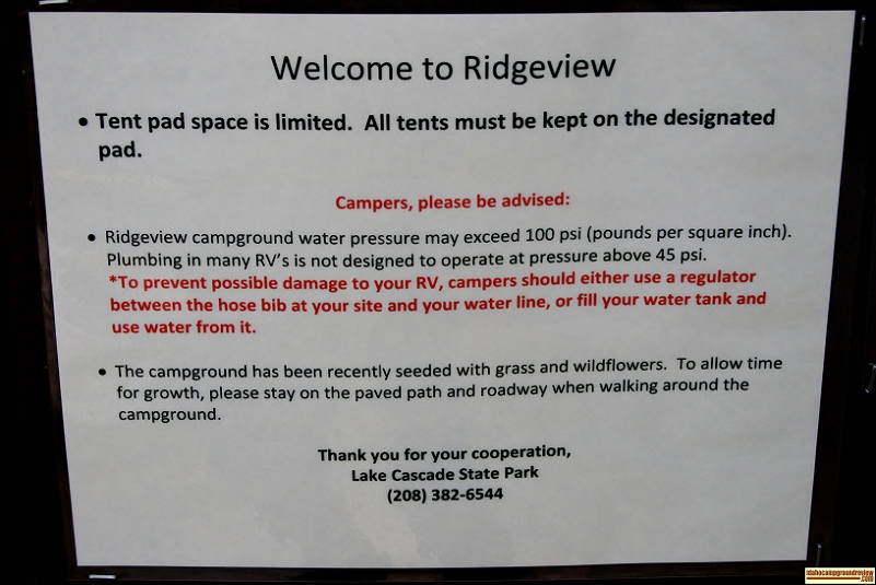 A warning about the high water pressure in Ridgeview Campground.