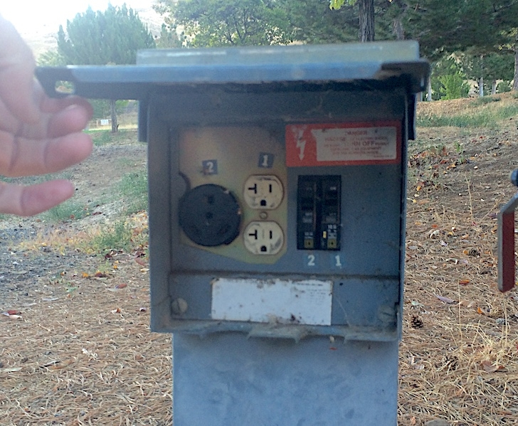 A close up picture of the power hookups in Woodhead Park.