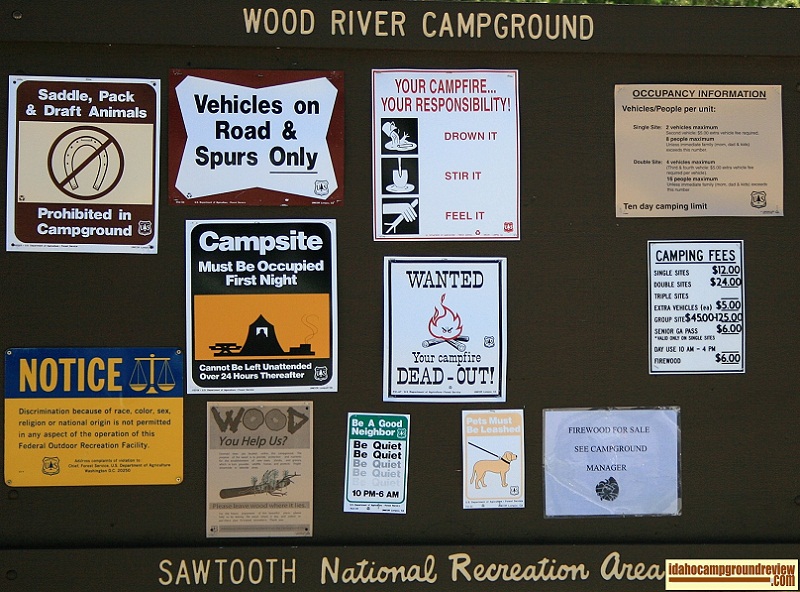 Campground info sign for Wood River Campground.