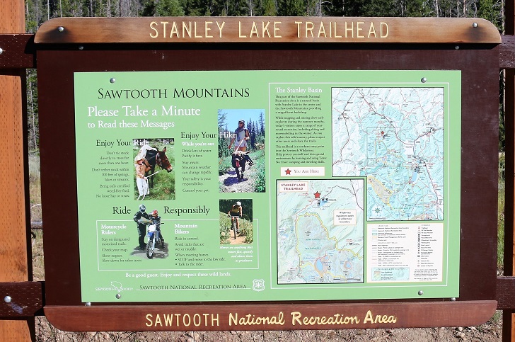 A picture of the sign at Stanley Lake Trailhead.