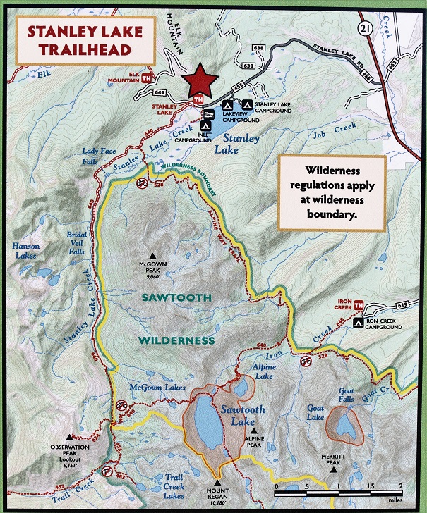 A picture of the map on the sign at Stanley Lake Trailhead.