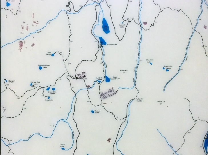 A close up picture of the map surrounding Hard Creek Campground.