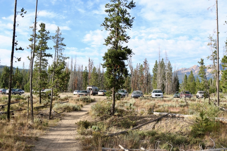 A view of the parking area for Redfish Trailhead in the Sawtooth National Recreation Area