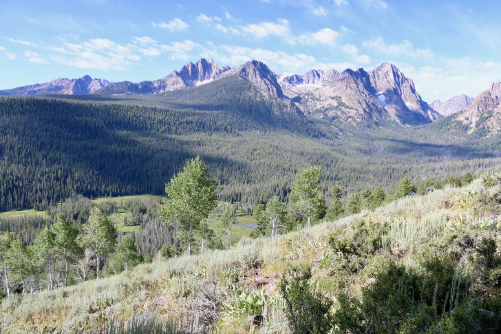 A picture of the Sawtooth Mountains towering over Fishhook Creek.